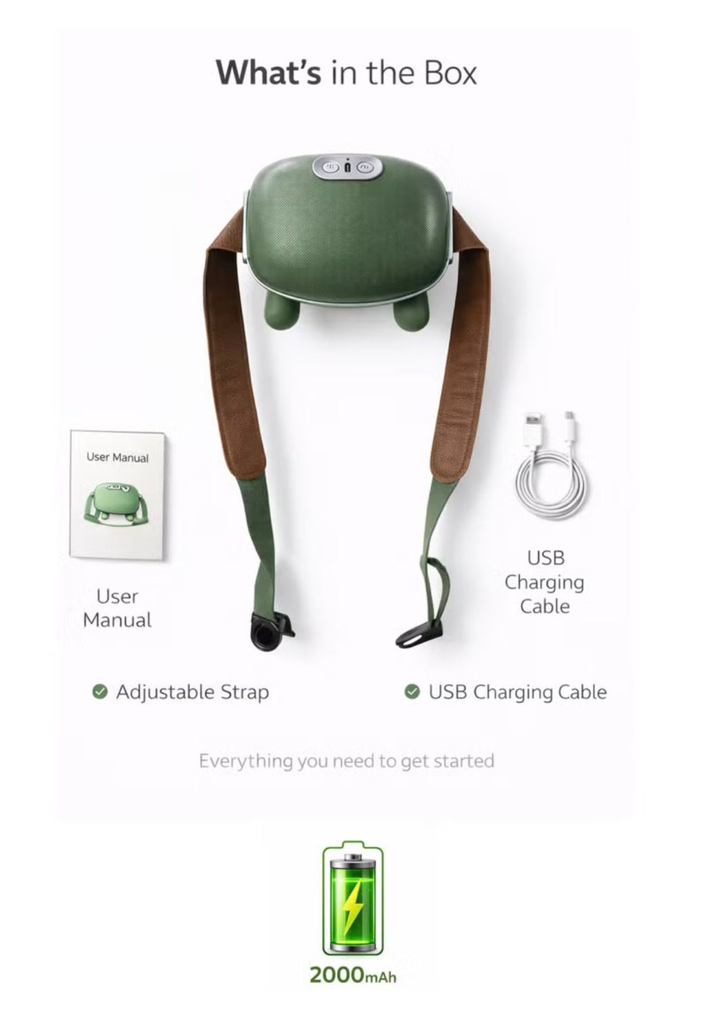 Massager Neck and Shoulder Massager 4D Deep Kneading With Dual Heat Cordless Rechargeable Soft Silicone Heads For Back Arms Legs Calves Olive Green