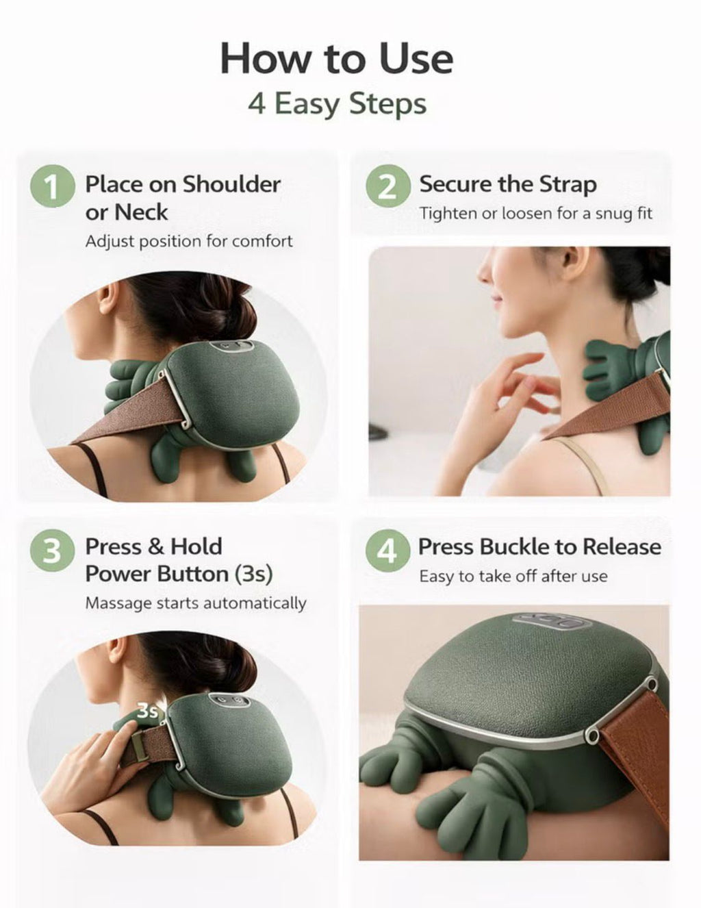 Massager Neck and Shoulder Massager 4D Deep Kneading With Dual Heat Cordless Rechargeable Soft Silicone Heads For Back Arms Legs Calves Olive Green