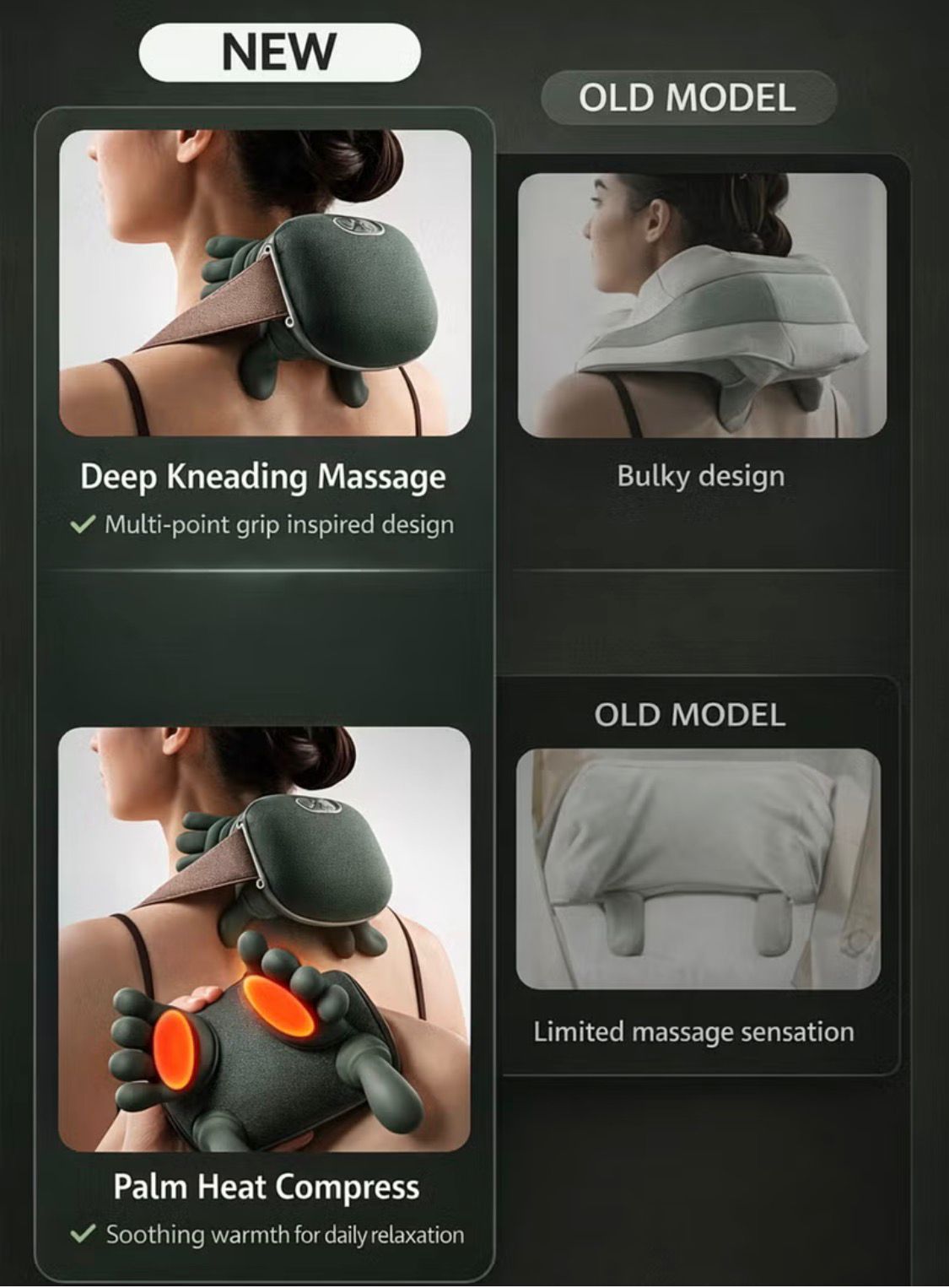 Massager Neck and Shoulder Massager 4D Deep Kneading With Dual Heat Cordless Rechargeable Soft Silicone Heads For Back Arms Legs Calves Olive Green