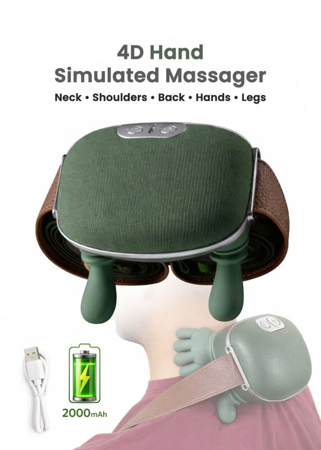 Massager Neck and Shoulder Massager 4D Deep Kneading With Dual Heat Cordless Rechargeable Soft Silicone Heads For Back Arms Legs Calves Olive Green