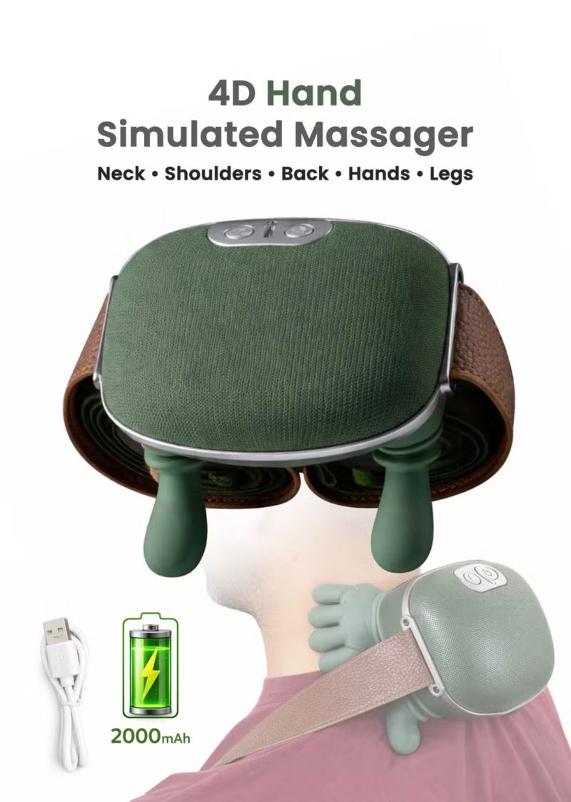 Massager Neck and Shoulder Massager 4D Deep Kneading With Dual Heat Cordless Rechargeable Soft Silicone Heads For Back Arms Legs Calves Olive Green