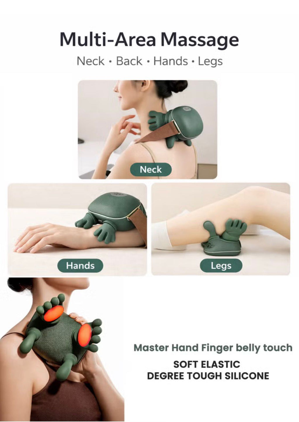 Massager Neck and Shoulder Massager 4D Deep Kneading With Dual Heat Cordless Rechargeable Soft Silicone Heads For Back Arms Legs Calves Olive Green